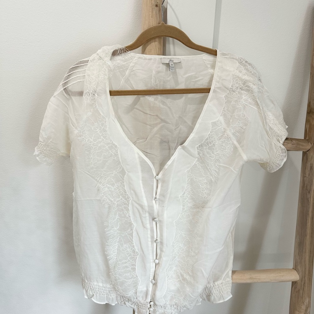 Joie White Lace-Trim Button Front Blouse
